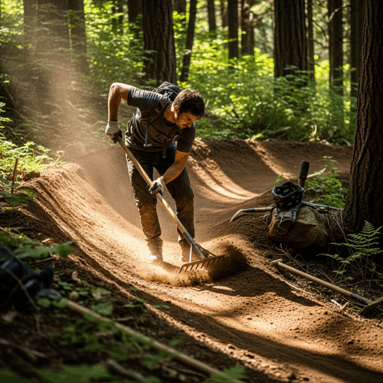 volunteer trail builder shaping a dirt berm with hand tools in a forest